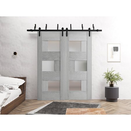 Sartodoors Sliding Closet Barn Bypass Doors 60 x 80in, Light Grey Oak W/ Frosted Glass, Sturdy 6.6ft Rails SETE6933BBB-OAK-60